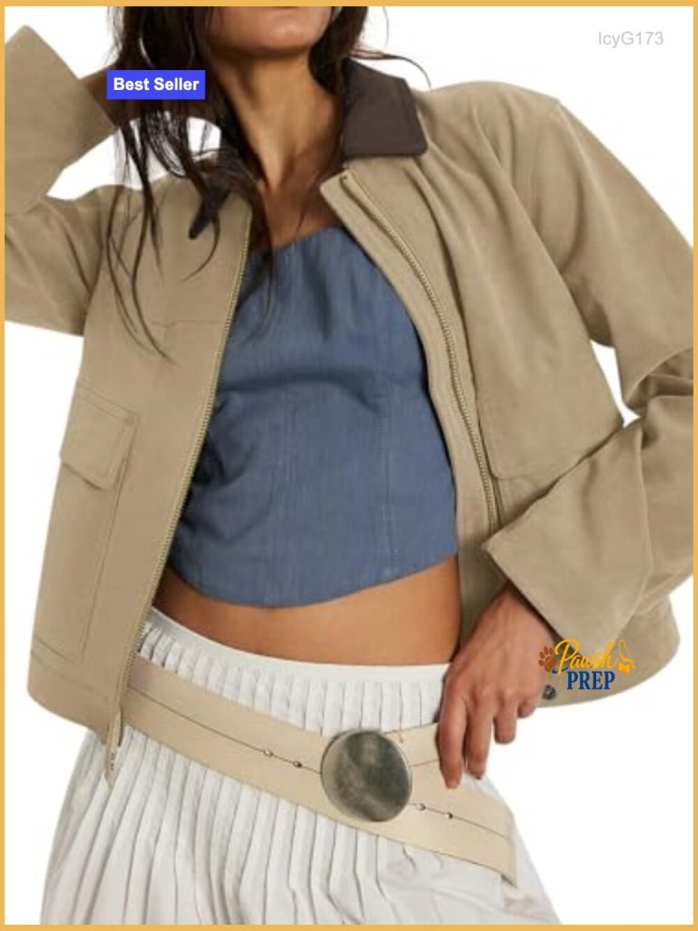 Faux Suede Cropped Zip Up Jacket with Contrast Collar and Pockets - Picture 4 of 7